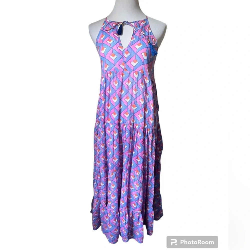 Oliphant Pink Blue Geometric Print Tiered Maxi Dress, size XS